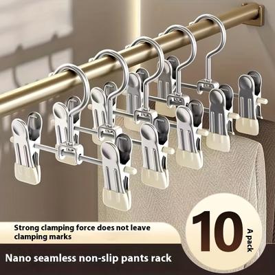 TEMU 10pcs Stainless Steel Pants Hangers With Strong Clamping Force, ' Jeans & Skirts Drying Rack, Multi-functional Clothes Organizer For Home Us Image