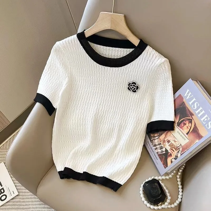 Summer Knitted T-Shirt Women's Round Neck Short Sleeve Loose Sweater Luxury Designer Rose Flower Embroidered Top Women's Clothes