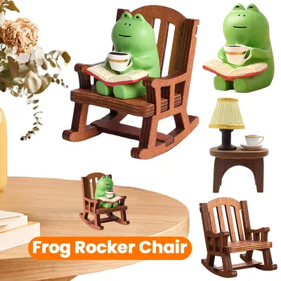 Handmade DIY Micro Rocking Chair Cute Mini Frog Resin Figurine Rocking Chair Design with Book Coffee Office Desktop Decoration
