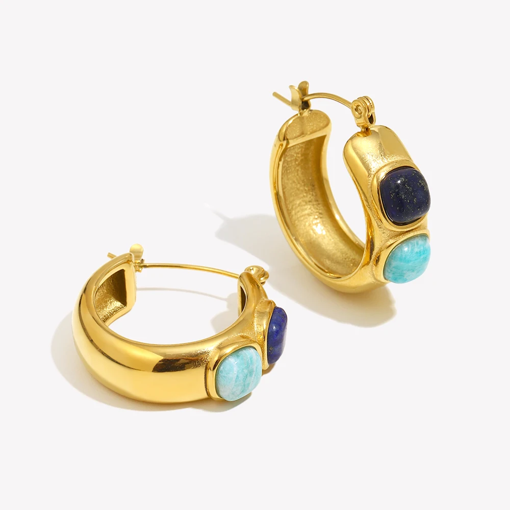 E.B.belle Creolen aus rundem Lazurite-Türkis-Naturstein, Edelstahl, 18 Karat vergoldet, wasserdicht, modischer Ohrschmuck