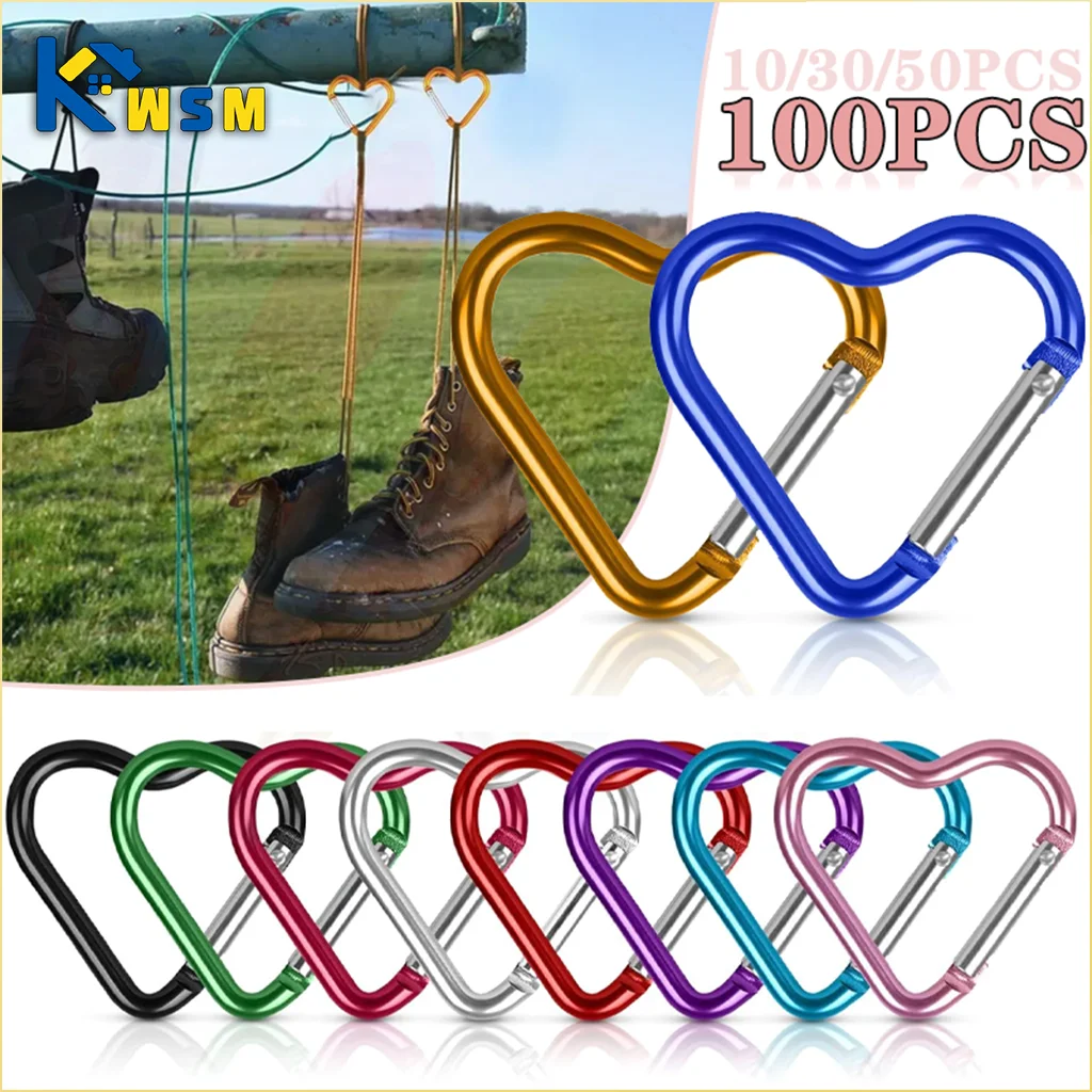 10-100PCS Heart Shaped Carabiner Aluminum Alloy Clip for Backpack Water Bottle Keychain Outdoor Hiking Climbing Accessories Image