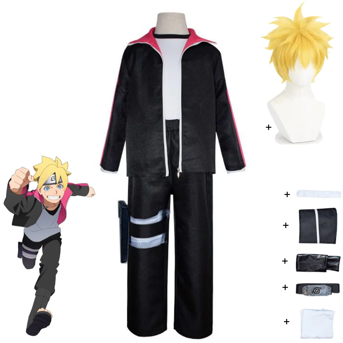 Anime Uzumaki Boruto Cosplay Kostüm Ninja Schwarz Lange Ärmel Mantel Hosen Perücke Erwachsene Kinder Mann Frau Halloween Karneval Anzug Image