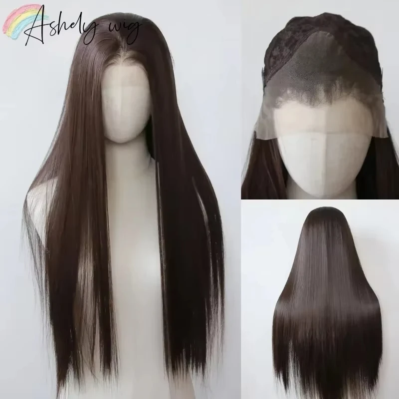13*4 dunkelbraune synthetische Lace-Front-Perücken, schokoladenbraune lange gerade Lace-Front-Perücke für Frauen, vorgezupfter natürlicher Haaransatz Image