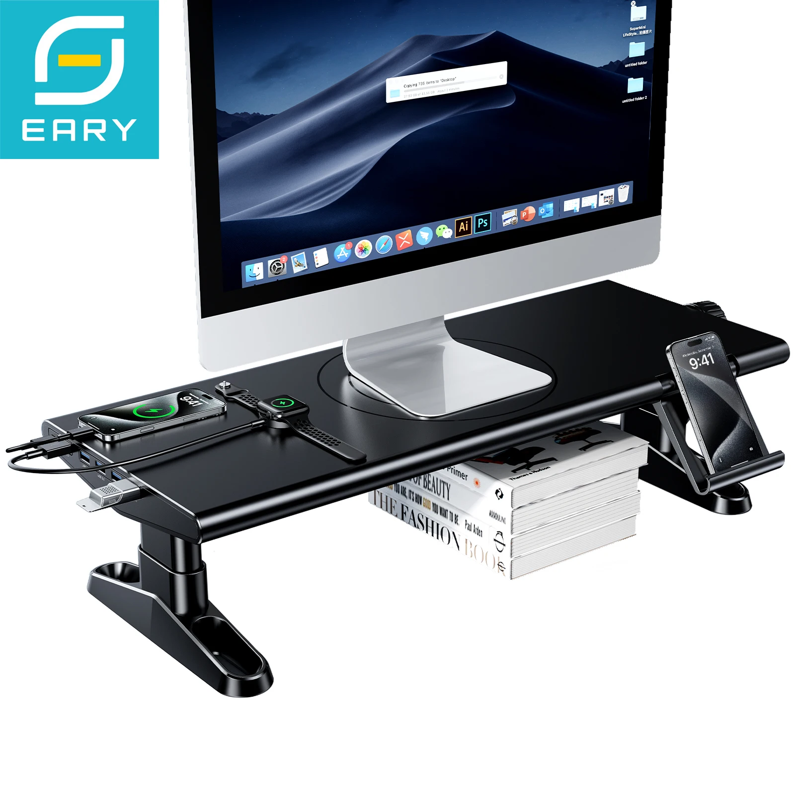 Eary Computer Monitor Ständer Riser höhenverstellbar mit 4-Port USB 3.0 Typ C für Laptop Büro Schreibtisch Zubehör Telefonhalter Image