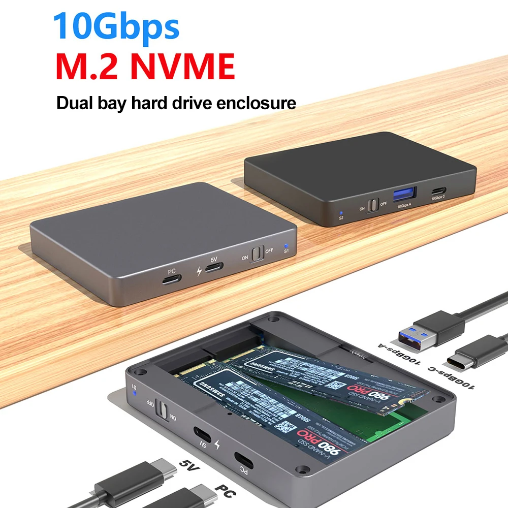 Dual Bay NVMe SATA SSD-Gehäuse M.2 Dual NVMe-Festplattengehäuse 10 Gbit/s USB C 3.2 GEN2 Externer Festplattengehäuse Box-Adapter Image