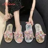 Aphixta Silber Kristall Blume Hausschuhe Frauen Sommer Runde Kappe Schuhe Outdoor Flache Ferse Bling Rutschen Große Größe 43, Weiche Sohle Slipper