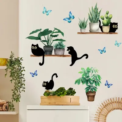 Grüne Pflanze Topf schwarze Katze Wandaufkleber Wohnzimmer Hintergrund Dekor Küche Home Dekoration Image