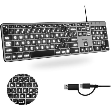 Macally Wired Keyboard for Mac (USB C + A) - Large Print and Backlit for Apple - 107 Key Full Size Large Letters USB C Keyboard for Macbook Pro/Air Mac Mini iMac