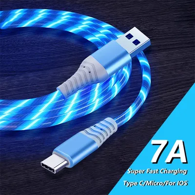 Flowing Streamer Cable 100W Glowing LED Cable 7A Micro USB Type C Data Cable USB C Cord Fast
