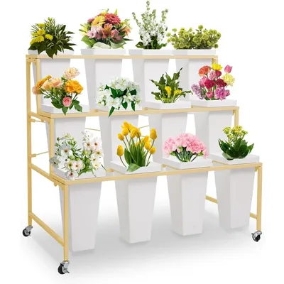 Flower Display Stands with Buckets, 3-Tier Rolling Plant Stand with Locking Wheels - Heavy Duty