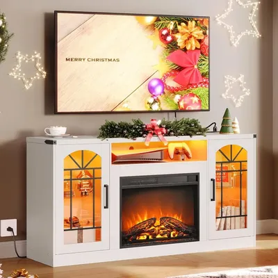 Fireplace TV Stand with Power Outlets and LED Light, Entertainment Center for 45/50/55/60/65 inch