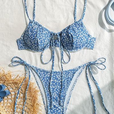 TEMU Women' Floral Print Two-strap Bikini Swimsuit - Polyester Blend, High Stretch, Knit Fabric, Lightweight & Breathable, Beach & Pool, Beach Swimsuit|floral Print Bikini|stretchy Fabric Image