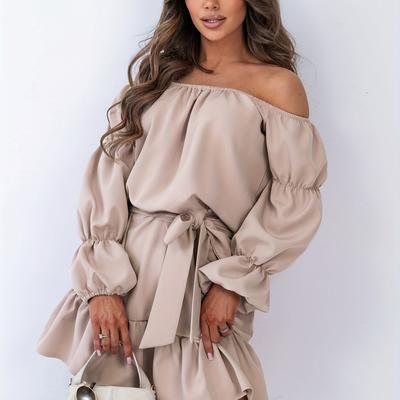 TEMU Elegant Off-shoulder Beige Dress With Ruffle Detail - Fitted, Belted, Spring/summer/fall, Casual To Semi-formal Attire, Casual Attire|ruffle Detail Dress|adjustable Strap Detail Image