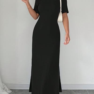 TEMU Women's Elegant Black Midi Dress With High Thigh Slit - Crew Neck, Stretchy Polyester, Machine Washable, Spring/summer Casual Wear, Spring Fashion | Elegant Dress | Comfortable Fi Image