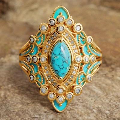 TEMU 1pc Women's Oval Synthetic Turquoise Ring - Kc Golden Plated With Sparkling Cubic Accents, Texture For Weddings, Parties & Valentine's Day Jewelry Gift, Party Accessory | Detailed Image