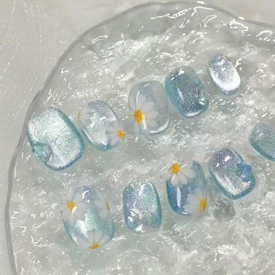 TEMU 10pcs Blue Daisy Line Bubble Wearable Nails, New Summer Beach Trip Detachable False Nails, Suitable For Nail Art Diy Enthusiasts, Women And Girls Image