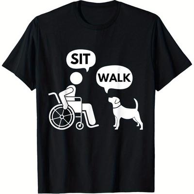 "TEMU Men's "sit Walk" Graphic Cotton T-shirt - 100% Cotton Slim Fit With & Hem, 220gsm Heavyweight Fabric, Sitting & Walking Illustration, Casual Wear For Daily & Outdoor Activities" Image