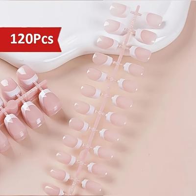 TEMU 120pcs Short Pink French Tip Fake Nails - Square Nude Press-on Nails With Full Wrap Design, Glossy Finish For , Diy At Home Or Professional Salon Use, Cute Nails Image