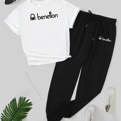 TEMU Printed Women's T-shirt And Pants Set, Fashionable Casual Round Neck Short Sleeve Pullover Top And Bottoms Two-piece Image