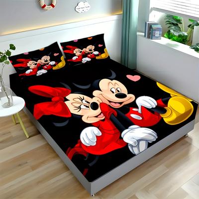 TEMU Mouse 3pcs Cartoon Cute Fitted Sheet Set (without Pillow Insert), Print Soft Comfortable Bedding Mattress Protector For Bedroom, , With Deep Pocket Includes 1 Fitted Sheet And 2 Pillowcases Image
