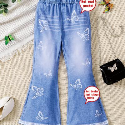 TEMU Girl's Print Flare Denim-print Bottom, Casual Loose Fit Long Pants With Pockets, Medium Stretch Knit Fabric, Polyester 92% Elastane 8%, Spring/summer/fall Fashion, Gift For Girls, For Outdoor Image