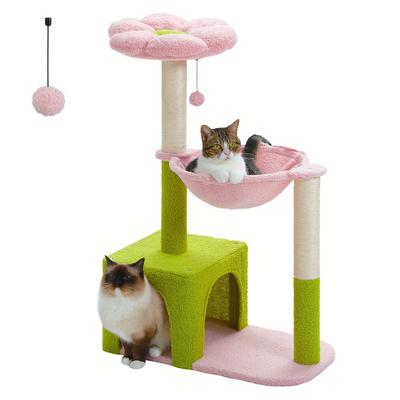 TEMU Road Flower Cat Tree With Large Metal Frame, Hammock, 93 Cm, Cute Cat Tower With Sisal Scratching Posts For Small Indoor Cats, Cat House With Pink Perch For Kittens Image