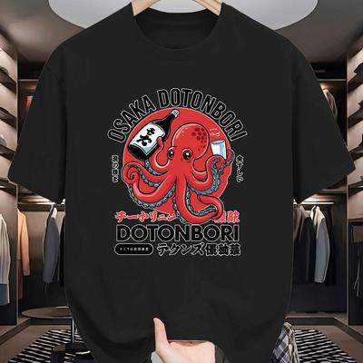 TEMU Men's Dotonbori Graphic T-shirt - Black Casual Summer Short-sleeve Tee With Octopus & Letter Design, Round Neck, Lightweight & Breathable For Casual Attire, Octopus Decor Image