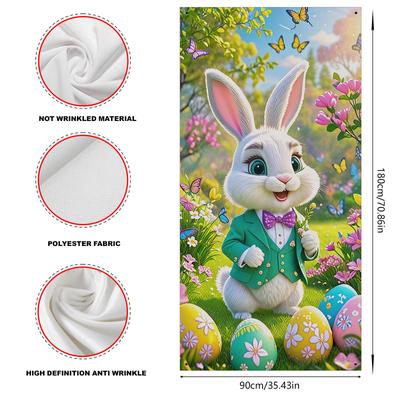 TEMU 2d Door Banner, Easter Party Door Banner, 35x70 Inches, Polyester, Spring With Eggs And Bunny In Suit Design, Door Cover Decoration Image