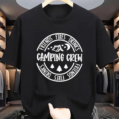 "TEMU Men's Casual " Fires Drinks Camping Crew" Graphic T-shirt - Beige, Short Sleeve, Round Neck, Summer Tee, Fit, Outdoor Casual Wear | Round Neck Tee | Shirt" Image