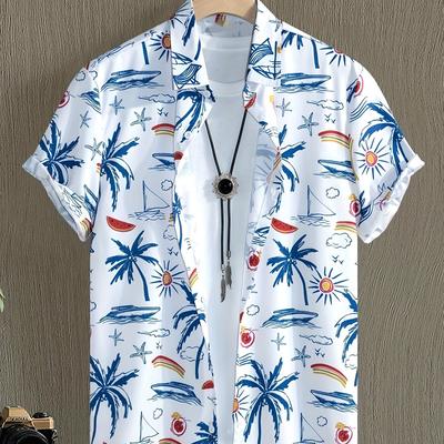 TEMU ] Men's Hawaiian Shirt | Tropical Print Polyester Casual Summer Top | Short Sleeve, Button-up With Turn- Collar | Machine Washable | Vibrant Palm Tree & | Ideal For Outdoor Leisure Image