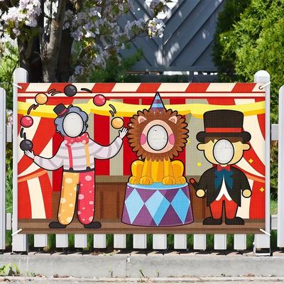 TEMU 1pc Circus-themed Photo Booth Prop - 43.3x70.8 Inches, Durable Polyester With , Magicians, & Cake Design - Birthday Parties, Studio Fun & No Electricity Needed Image