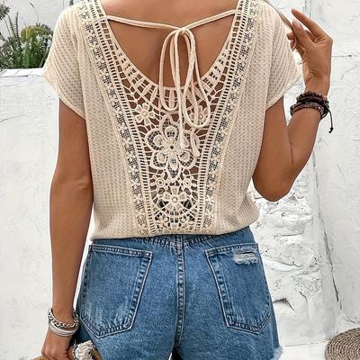 TEMU Women's Elegant Lace Cut-out Top - Crochet Shoulder Blouse With Breathable Open , Machine Washable Spring Summer T-shirt For Casual & Dressy Outfits, Relaxed Outing Attire, Lace Detail Shirt, Image