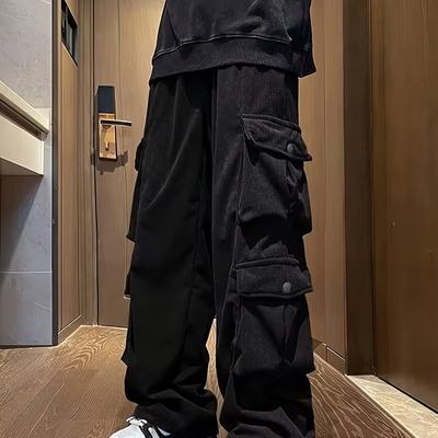 TEMU Loose-fitting Men's Cargo Pants With Flap Pockets, Drawstring Waist, Wide-leg Design, And Multiple Pockets. Image