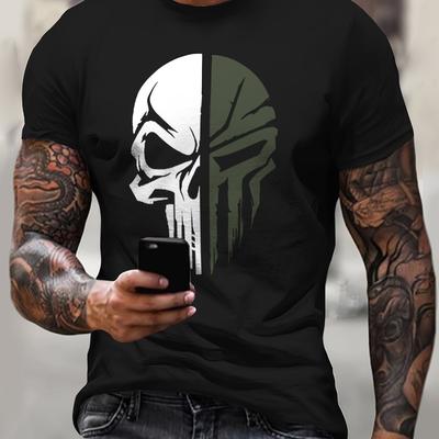 TEMU Mens Fashionable Skull Print Crew Neck Short Sleeve Tee, Regular Fit, Wear- , Street Hanging, Outdoor Activities, Hand Wash Or Image