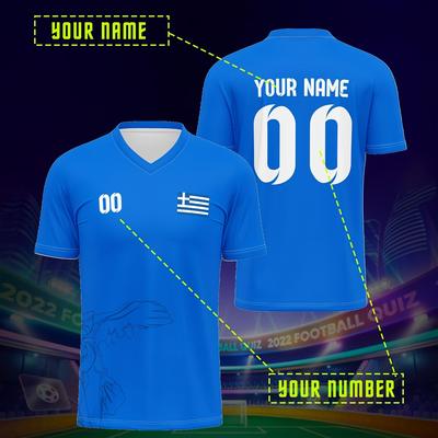 TEMU Customizable Greek V-neck Soccer Jersey - Personalized Name & Number, Breathable Blue Sportswear For Parties, Training & Casual Wear, Soccer Clothes Image