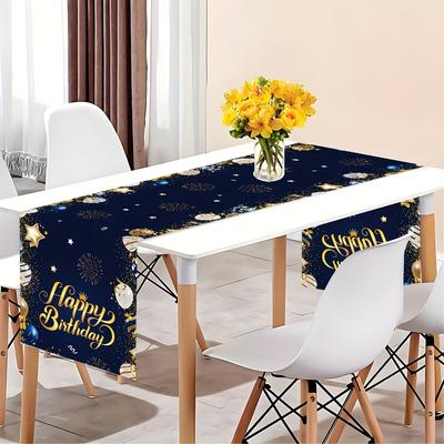 TEMU Happy Birthday Table Runner - 1 Piece Polyester Festive Party Decoration, Rectangle Woven Table Topper With Balloon Motifs In Black And Golden Themes For Birthday Celebrations Image