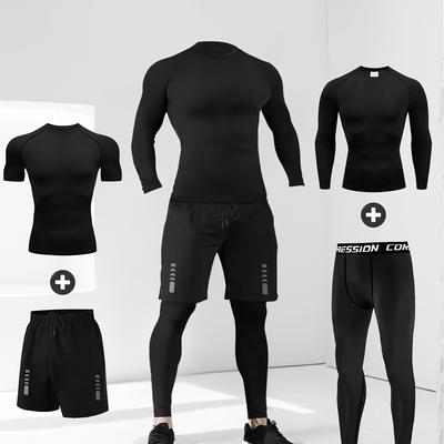 TEMU 4pcs Men' & Fitness Set - Quick-dry, Moisture-wicking Long Sleeve & Leggings, Casual Outdoor Running Training Kit With Mesh Drawstring Hoodie, Skinny Fit, Polyester Blend, Ideal For Spring/fall Image
