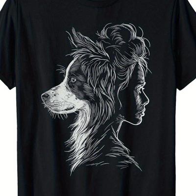 TEMU Border Collie Mom Artistic Print T-shirt - 100% Cotton Crew Neck Short Sleeve Casual Tee, Regular -season Knit Fabric Dog Lover Gift For - Black, Dog Shirt Image