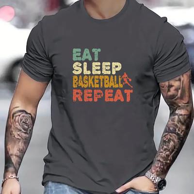 "TEMU Men's Casual Crew Neck T-shirt With " Basketball " Print, 100% Polyester Knit Fabric, Stretch, Regular Fit, Summer Sports & Style, Fashionable Round Neck Top - 180gsm" Image