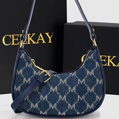 "TEMU Chic Underarm Crescent Bag With Full-body "m" Print - Polyester, Zip Closure, Lined Interior, Ideal For Travel & Shopping, Coffee/blue, Travel Accessory| Design|polyester Bag" Image