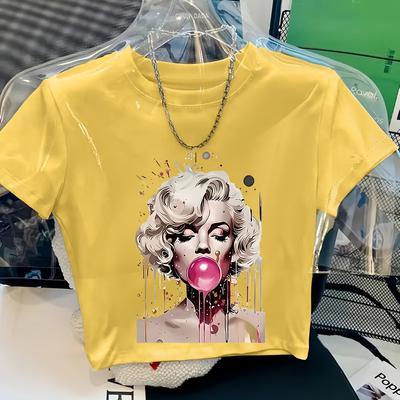 TEMU Women's Y2k Retro Style Graphic Crop Top T-shirt - Soft, Stylish Yellow Tee With Pop Art Design, Comfortable Casual Wear For Casual Attire, Top | Y2k Fashion | Soft Fabric Image