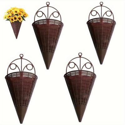 TEMU 6/4/2pcs Rustic Plastic Triangular Wall-mounted Hanging Flower Basket - Striped Woven Design Indoor/outdoor Decorative Planter Holder For Climbing Plants, Vines, Flowers, Hanging Plant Holder Image