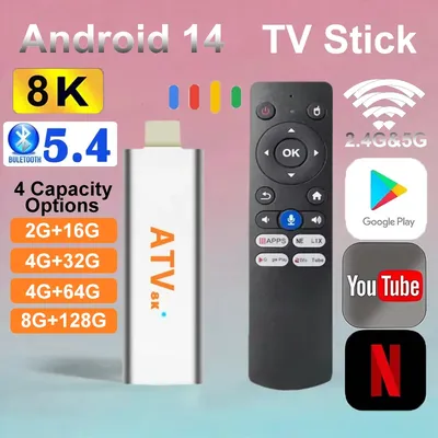 Android 14 TV Stick 128G Großer Speicher Q15 Allwinner H313 Unterstützung HD 4K 8K 2,4 & 5G Wifi BT5.4 2 Sprachfernbedienung Streaming Media Player