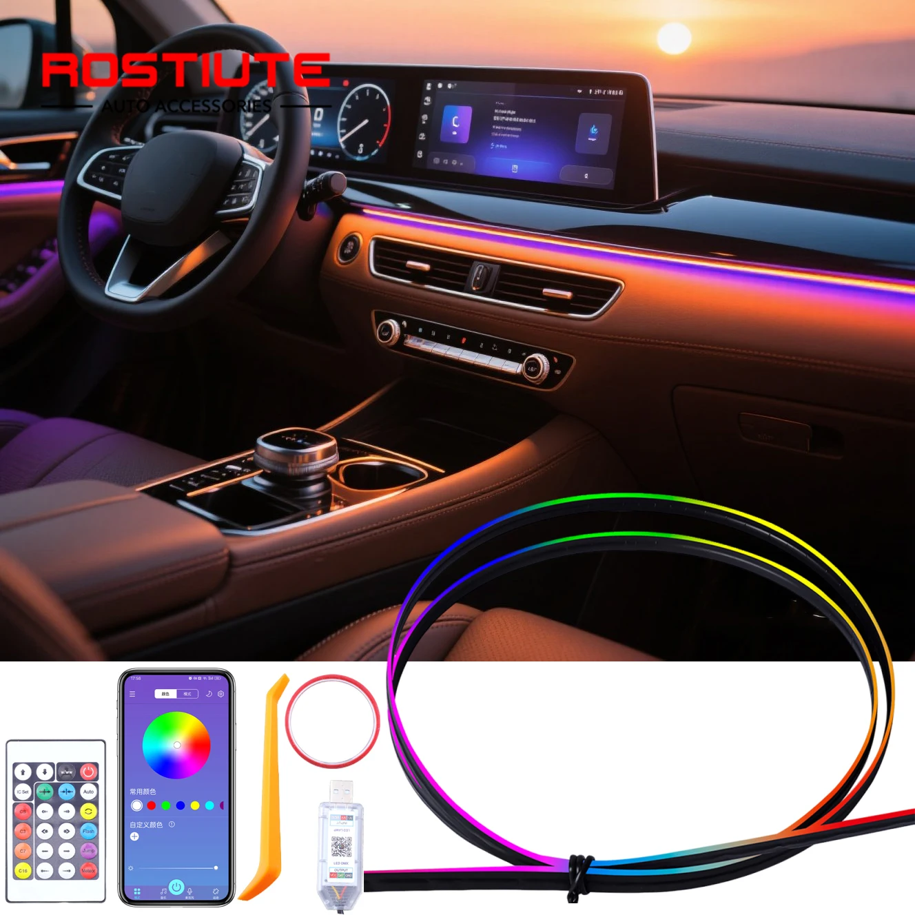 Acrylic RGB Car Led Interior Light Strip with USB Ambient Light Flexible Atmosphere Lighting Sound APP Control Car Decoration