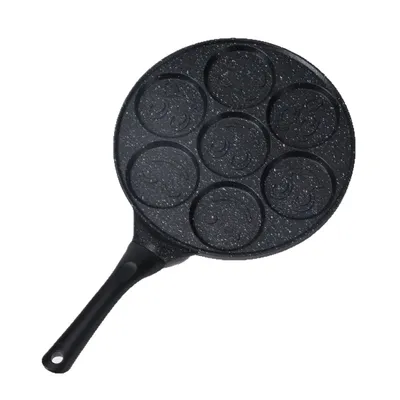 Smiley Face Pancake Pan, Non Stick Mini Crepe Pan, Pancake Mold with 7 Holes for Kids, Oven Safe - Black
