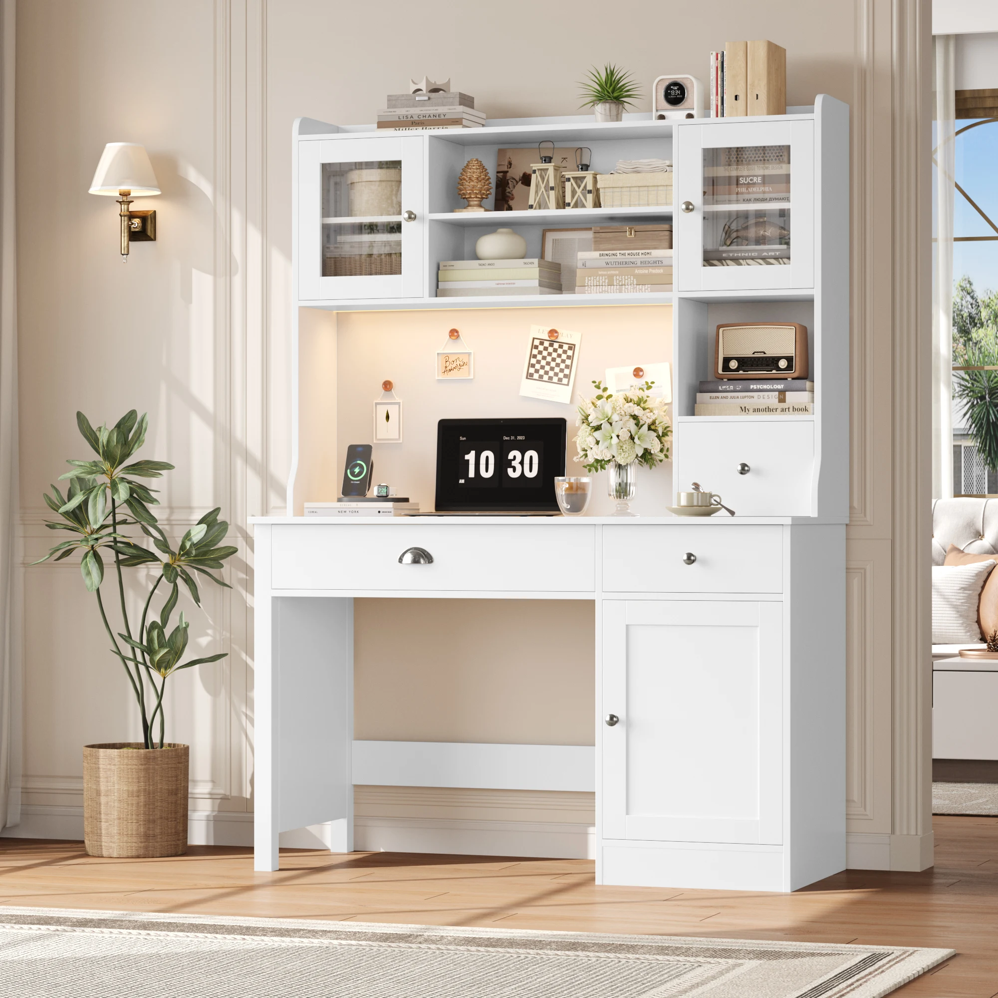 Getone Schreibtisch mit LED weiß, Computertisch mit Schubladen, Schminktisch ohne Spiegel mit 2 Steckdosen 2 USB, 120x48x165cm Image