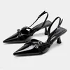 Modische spitze Zehen, flacher Mund, neue Schuhe mit hohen Absätzen, Sommer, elegante Schnalle, verziert, Stiletto, schwarze Damenschuhe