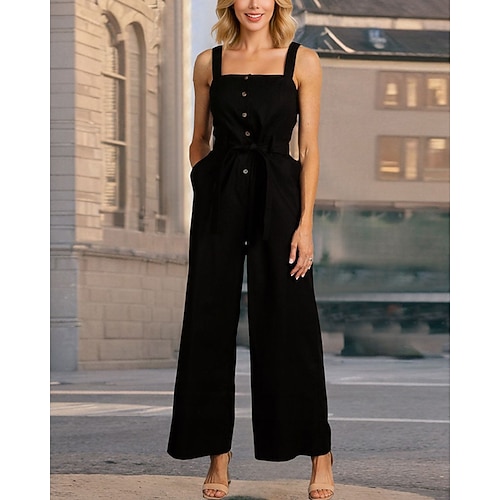Damen Normal Overall Lässig Einfarbig Ärmellos Weites Bein Knöpfe Tasche Straße Täglich Normale Passform Schwarz Rote Grün Sommer Image