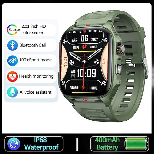 2025 Outdoor-Sport-Smartwatch für Männer, 2.01 HD-Bildschirm, LED-Taschenlampe, 400 mAh große Batterie, Herzfrequenz, wasserdicht, BT-Anruf, Smartwatch