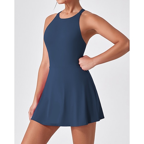 Damen Einfarbig Tenniskleid mit integrierten Shorts und BH Sportkleid Ärmellos Ausschnitt Atmungsaktiv Tennis Golfspiel Pickleball Rundhals Kleid Schwarz Dunkelmarine Braun Tennisbekleidung Image